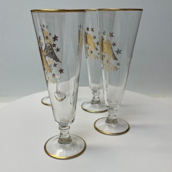 Set of 4 Vintage Champagne or Pilsner Gold Eagle Glasses with Patriotic Design - Picture 2 of 8